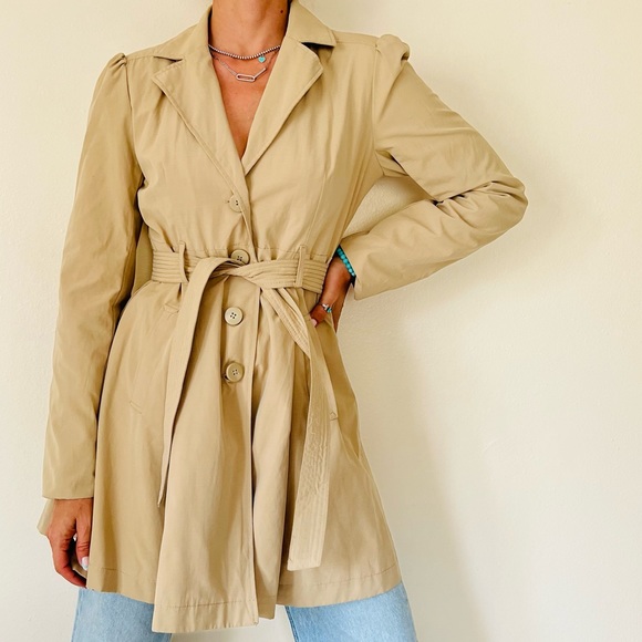 New Maurices Khaki Trench Coat Floral Liner Front Belt Pockets - Picture 2 of 10